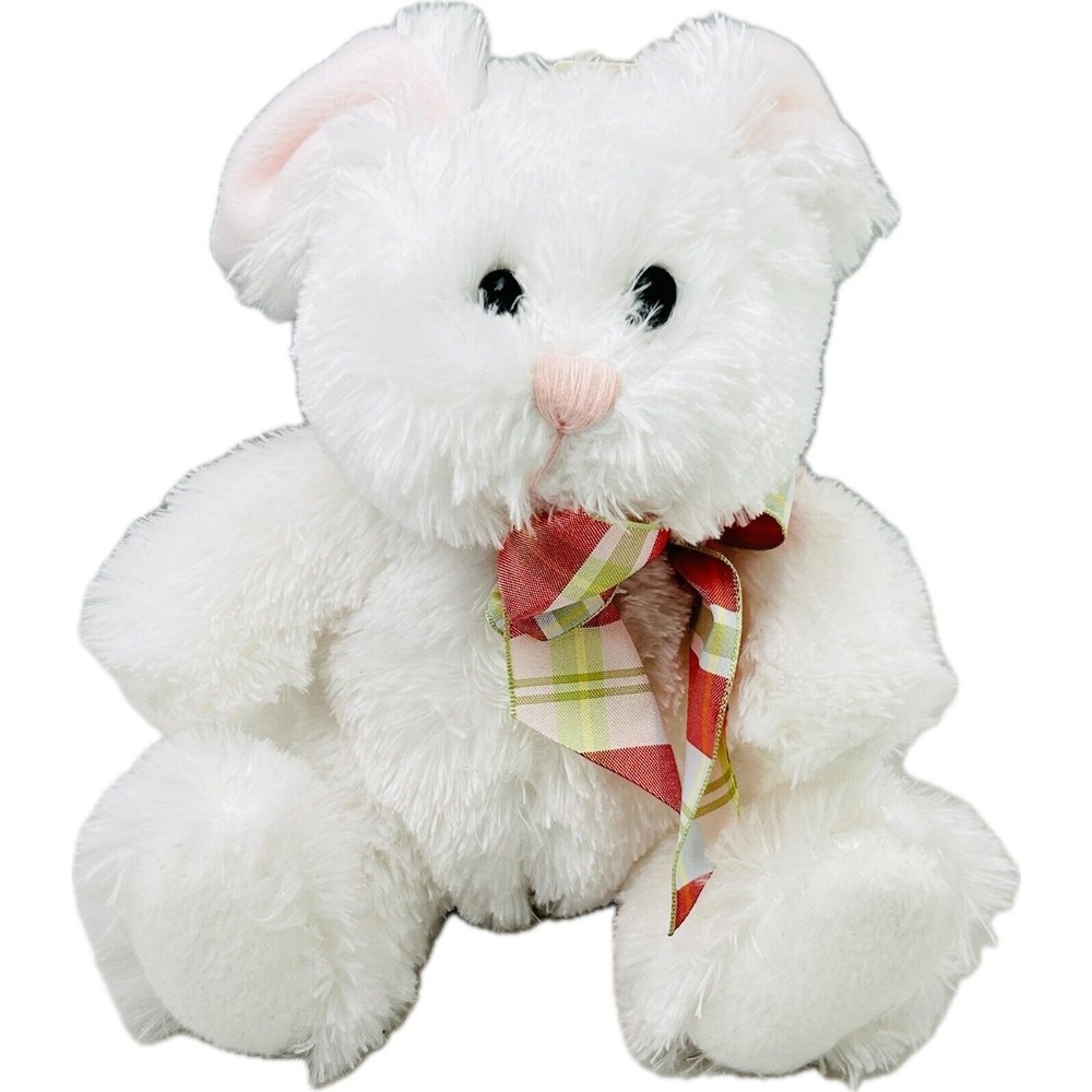 Hallmark White Furry Easter Bunny 8" Plush Pink‎ Ears Plaid Ribbon NWT
